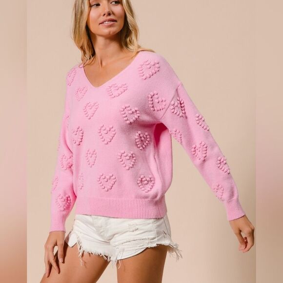 BiBi Pompom V Neck Knit Top Pale Pink Heart Pattern Sweater Sz Medium [6-8] - Picture 6 of 15